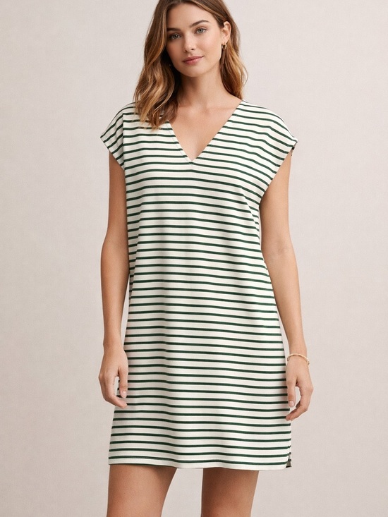 J. Crew Dresses & Skirts - J. Crew White and Green Striped V-Neck Knit Shift Dress size Small